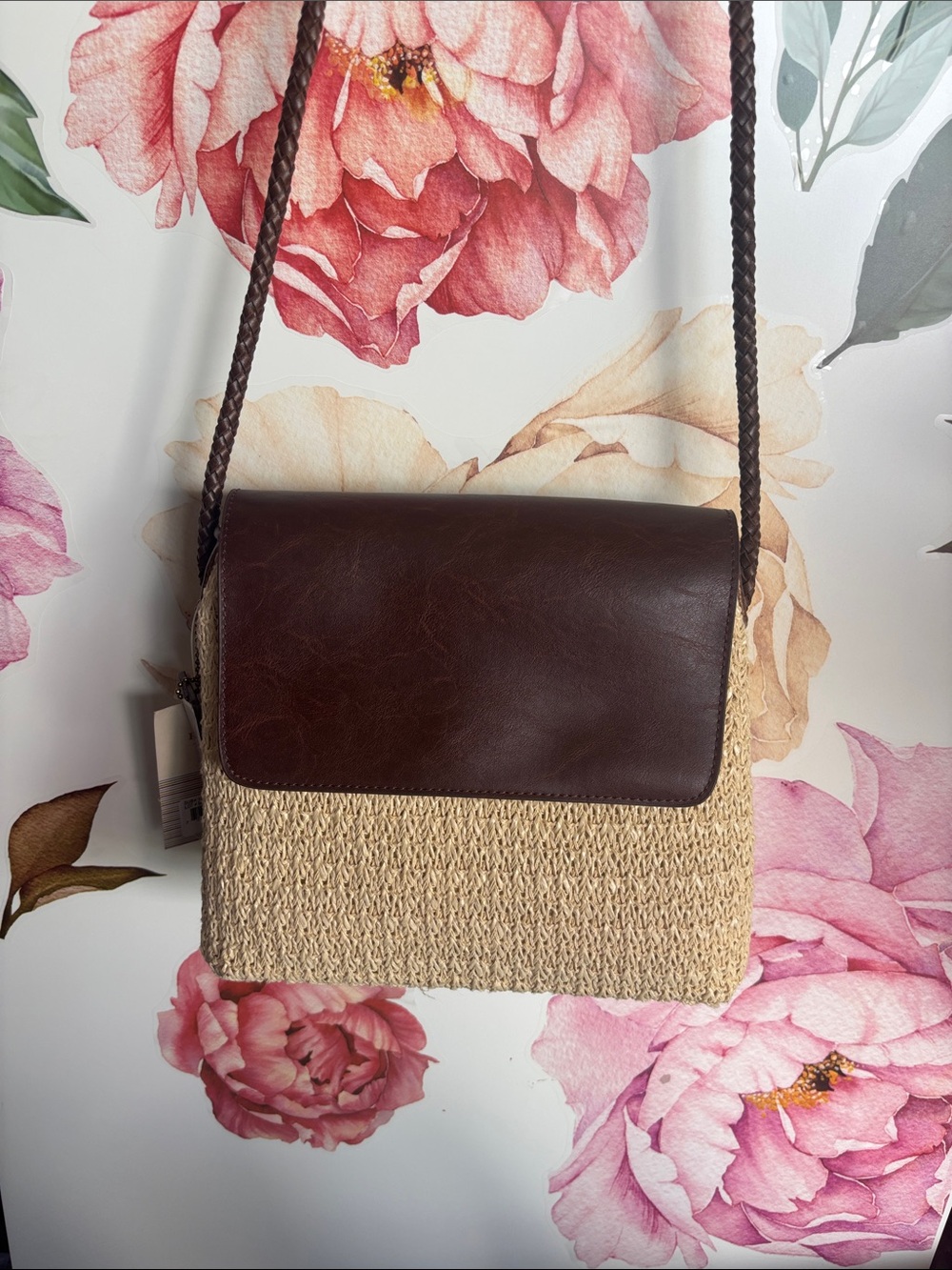 Relic Woven Straw Crossbody Bag with Brown Leather Flap